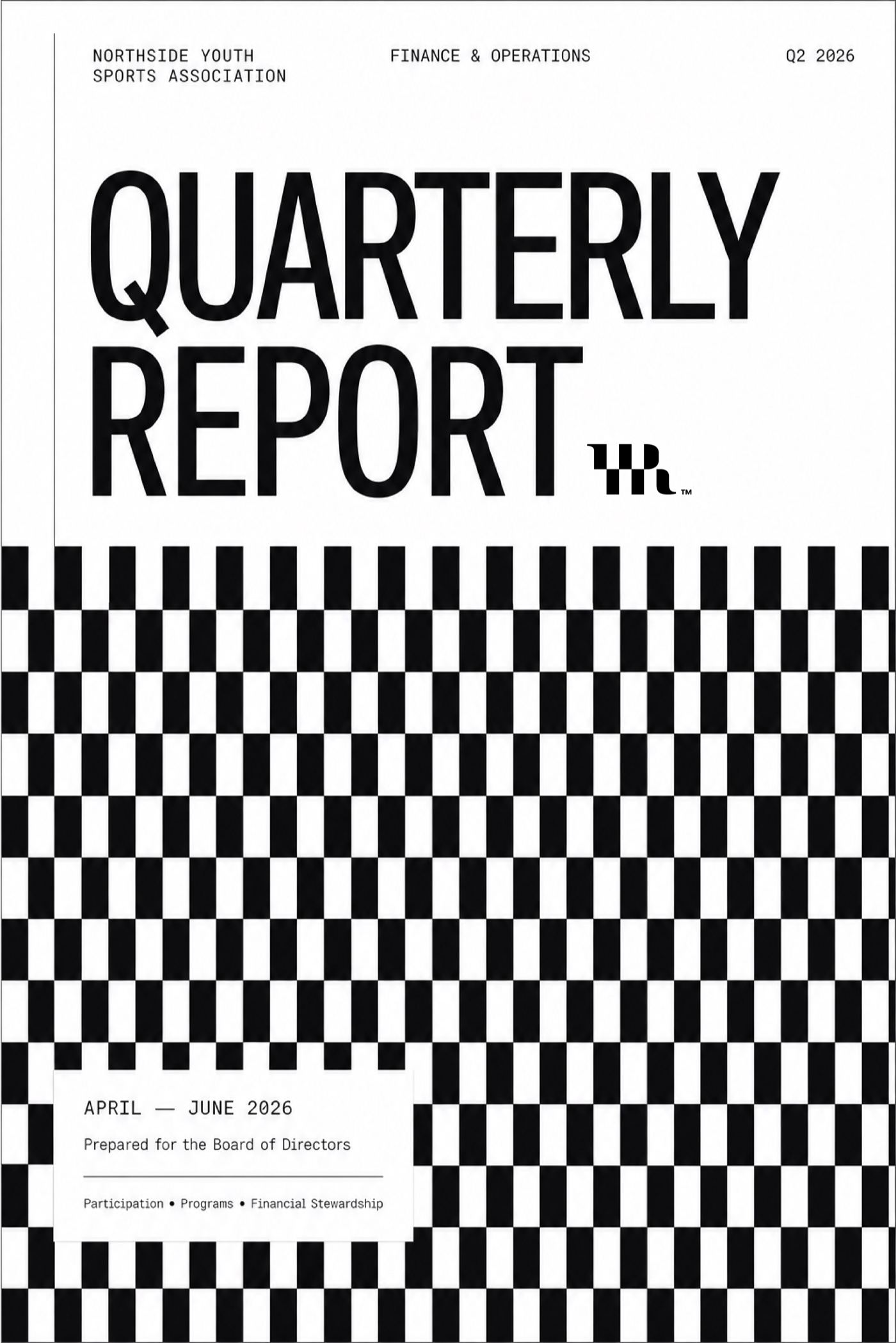Quarterly report cover: condensed display title, the black mark beside it, and a checkered field flooding the lower two thirds